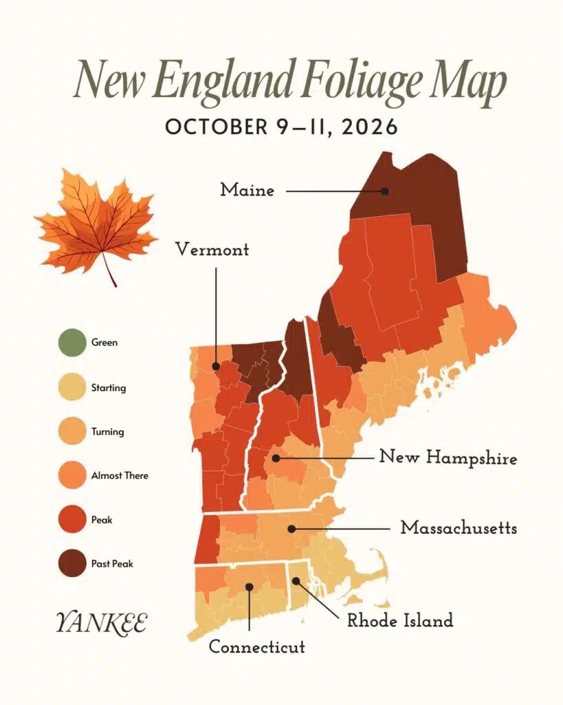 New England foliage map for October 9-11, 2026, showing color-coded peak color status by region.
