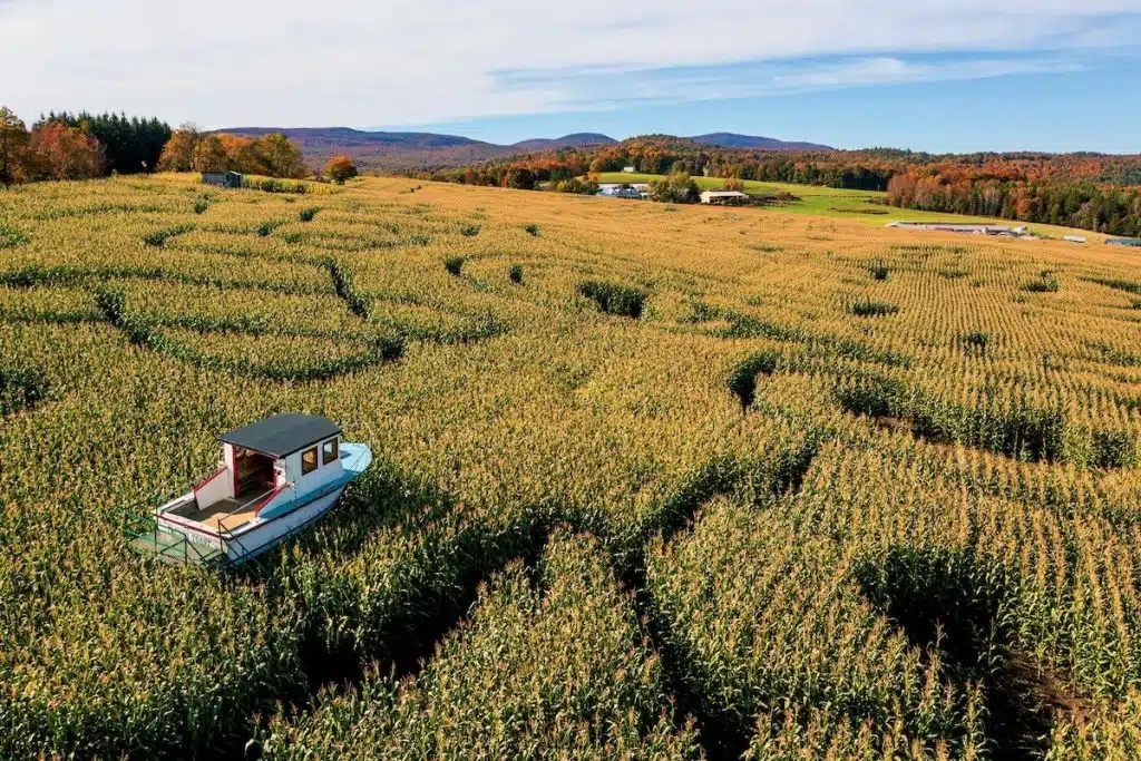 A small boat sits in the middle of a cornfield maze with hills and trees in the background.
