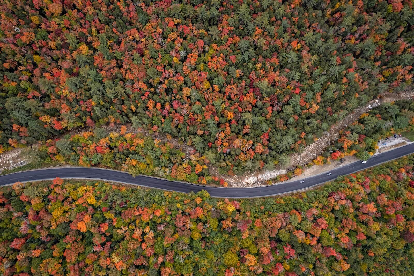 A winding road cuts through a forest with vibrant autumn foliage in shades of red, orange, and yellow.