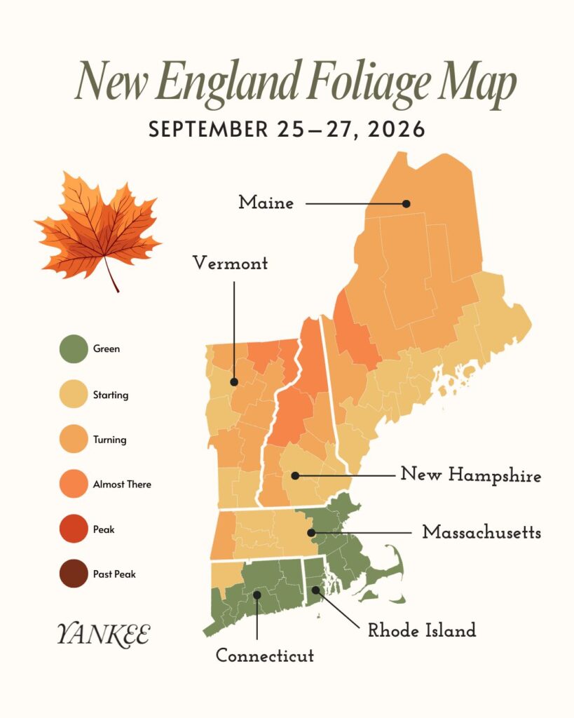 New England map showing fall foliage stages by state with colors from green to red, dated September 25–27, 2026.