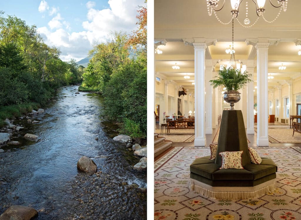 Left: Rocky stream with trees. Right: Elegant hotel lobby with chandelier, pillars, and ornate seating.