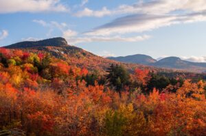 Colorful autumn trees cover rolling hills under a partly cloudy sky with distant mountains in the background.