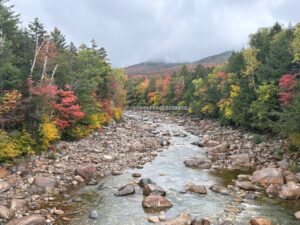 Rocky river with colorful autumn trees on both sides, a bridge in the distance, and cloudy sky above.