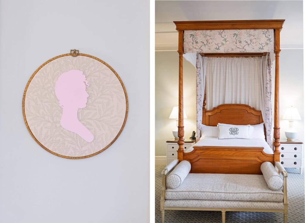 Left: pink silhouette art in a hoop. Right: four-poster bed with canopy in a bright, classic room.