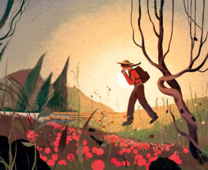 A hiker walks through a field of red flowers toward a setting sun.
