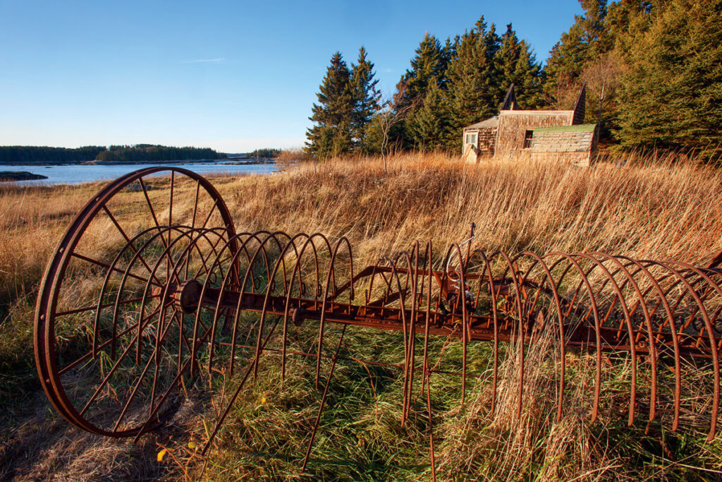 An old rusted hay rake sits in a field of tall grass near a cabin and the ocean.