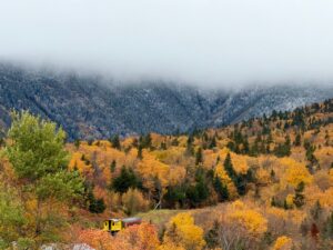 A yellow train car travels through a forest with autumn foliage below a mist-covered mountain.