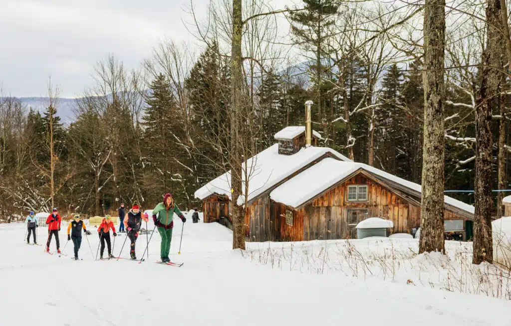 A group of people cross-country skiing past a snow-covered wooden cabin in the woods.