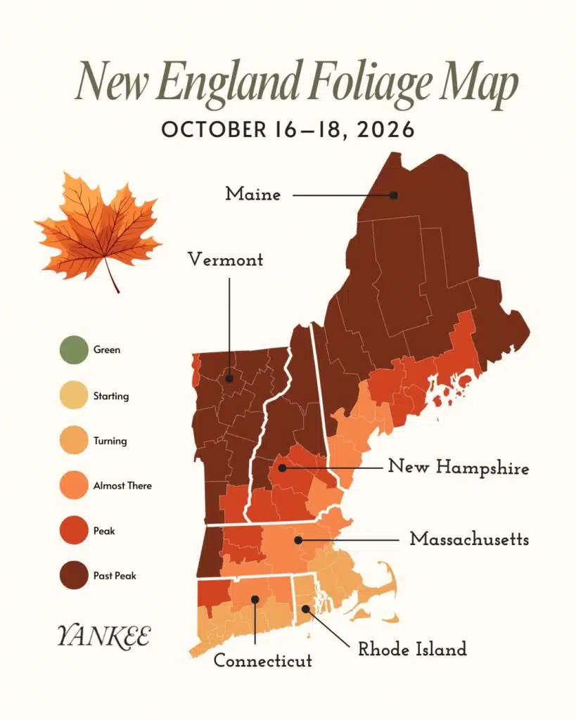 New England foliage map for October 16–18, 2026, showing color-coded peak leaf conditions by state.