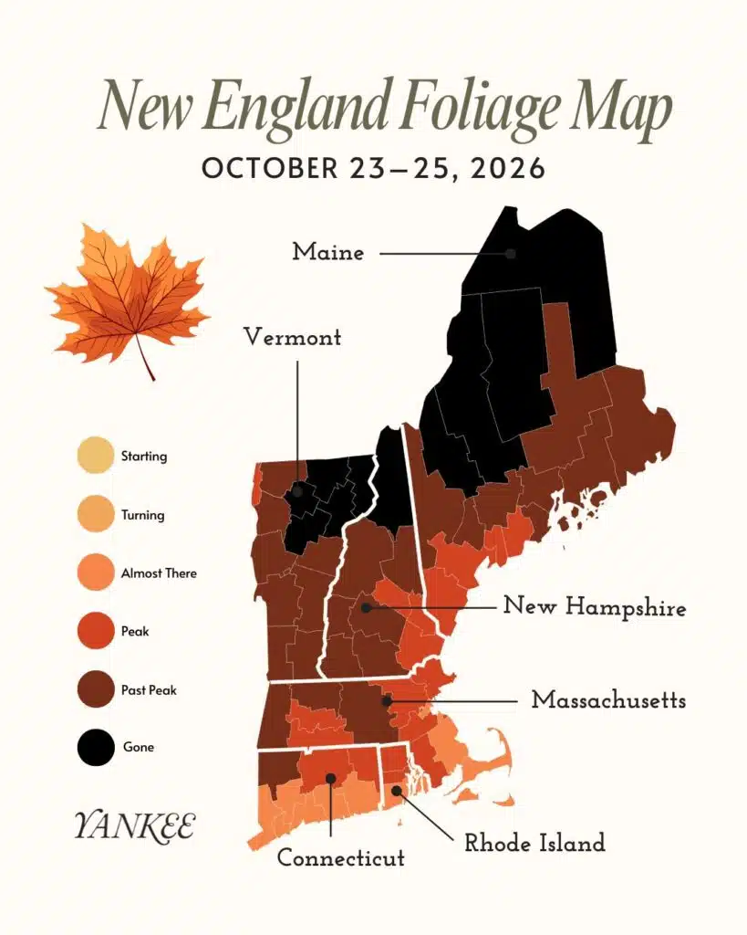 New England foliage map for October 23–25, 2026, showing color-coded peak leaf conditions by state.