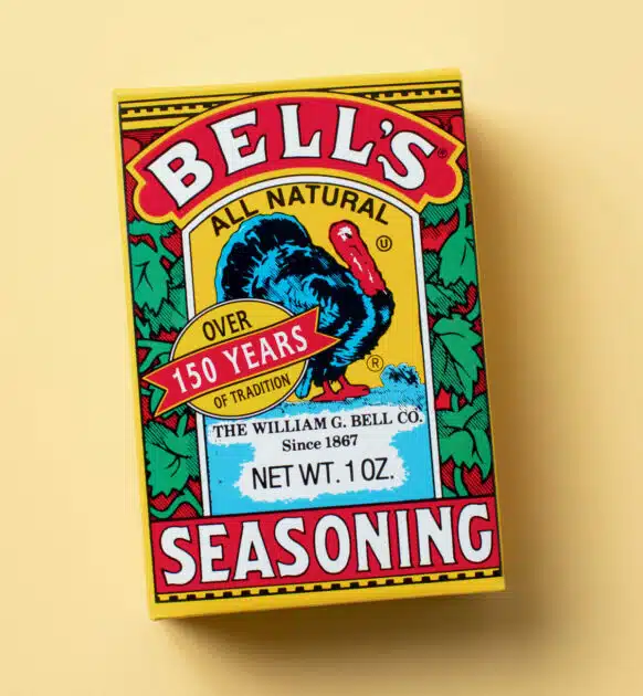Box of Bell’s All Natural Seasoning featuring an illustration of a turkey and text stating “Over 150 Years of Tradition.”