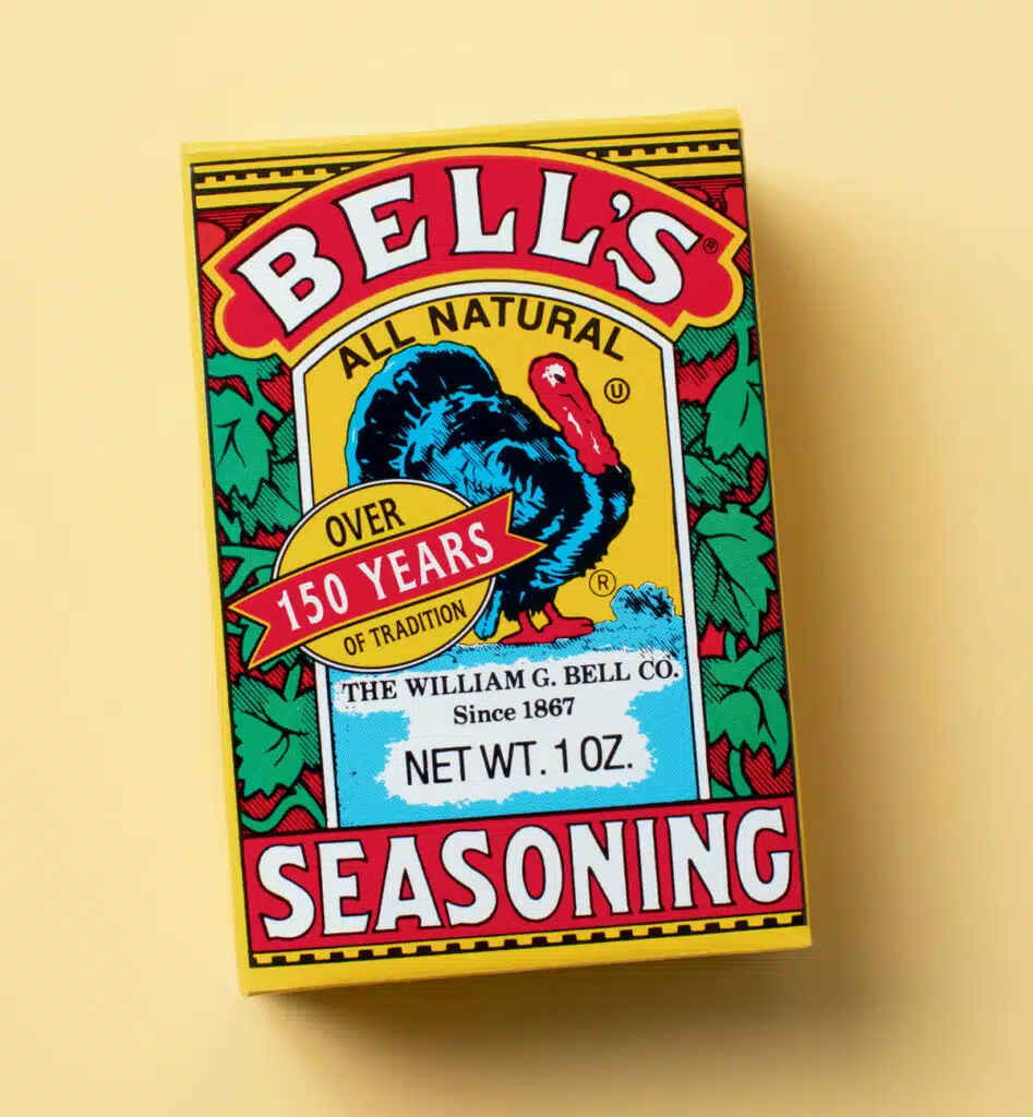 Box of Bell’s All Natural Seasoning featuring an illustration of a turkey and text stating “Over 150 Years of Tradition.”