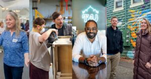 A composite image showing four scenes: a woman with a nametag, two people using a sander, a man smiling, and a couple.