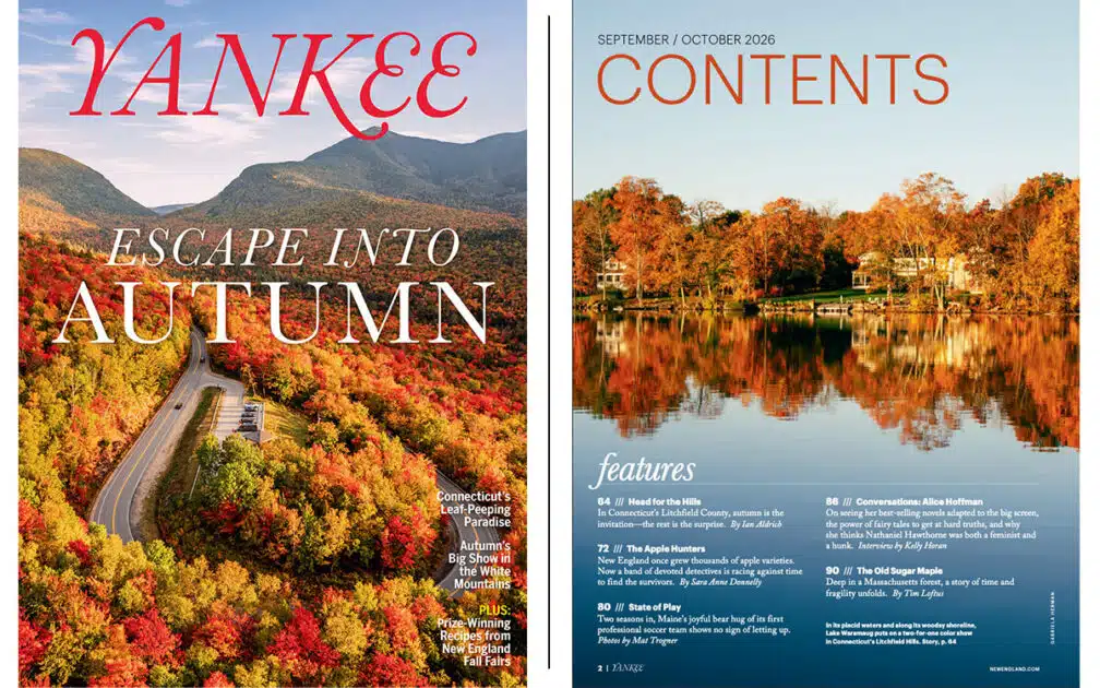 Yankee magazine cover featuring an autumn landscape and its corresponding contents page.