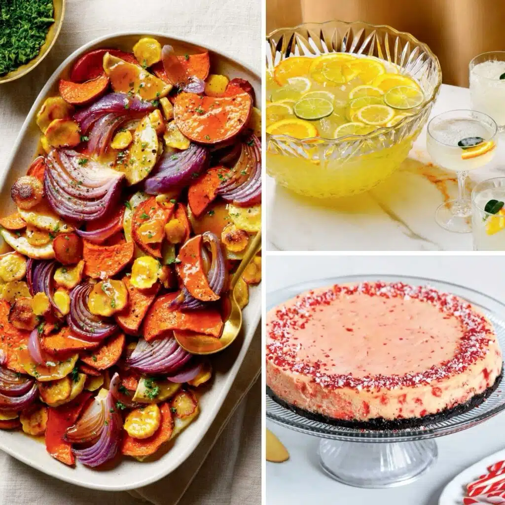 A platter of roasted sweet potatoes and red onions, a glass bowl of citrus punch, and a strawberry cheesecake.