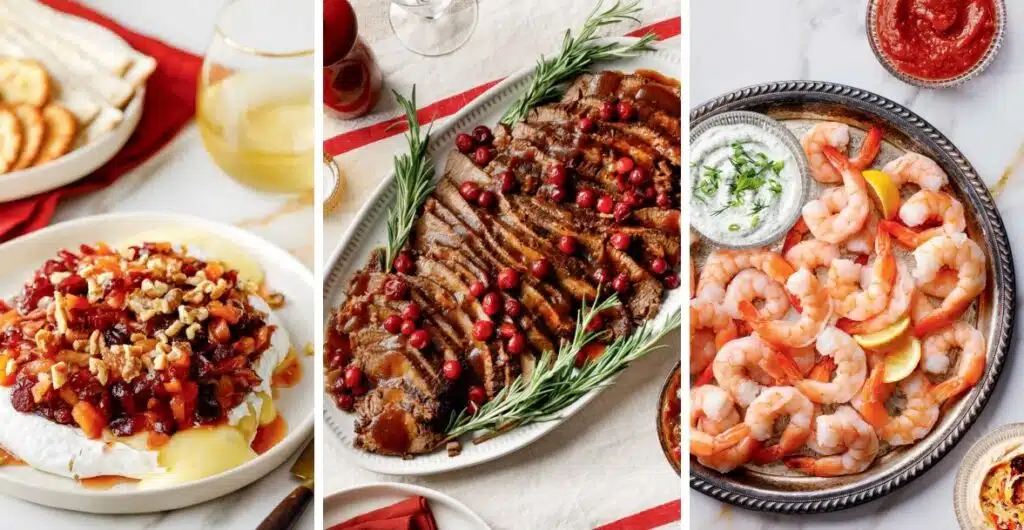 Three plates of holiday food: baked brie with fruit, sliced brisket with cranberries, and a shrimp cocktail platter.