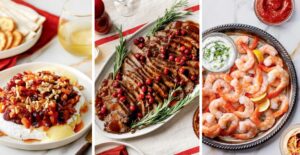 Three plates of holiday food: baked brie with fruit, sliced brisket with cranberries, and a shrimp cocktail platter.