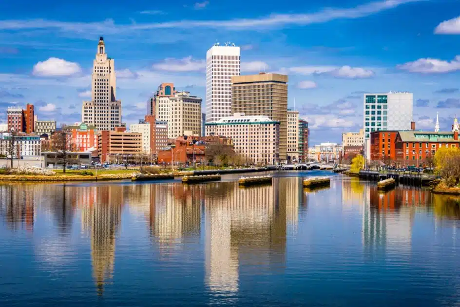 Providence, Rhode Island skyline reflected in the Providence River.