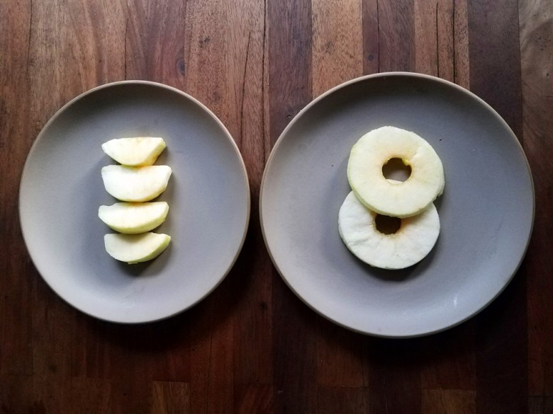 Apple slices for pie (left) and crisp (right).