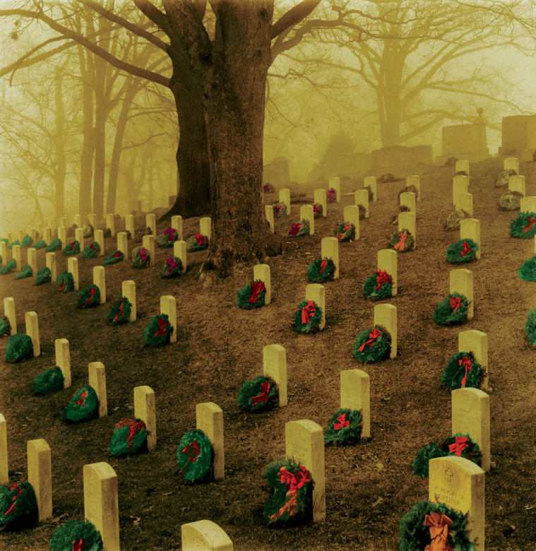 Donated by Morrill Worcester, thousands of handmade Maine balsam wreaths grace row upon row of stones at Arlington National Cemetery. Each year, a different section of the 300,000-grave cemetery is designated to receive the wreaths. 