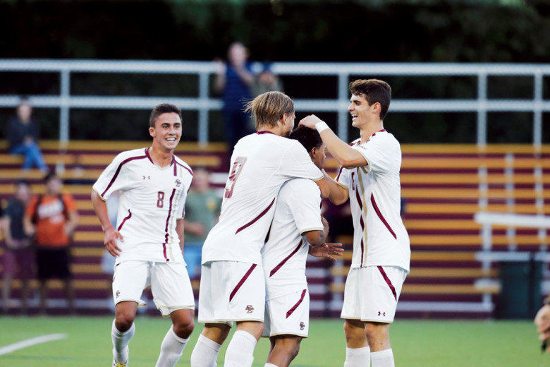 Henry Balf (far right) celebrates a Boston College 4-2 win in early September. Todd’s hard road to recovery was galvanized by attending 27 of his children’s soccer games.