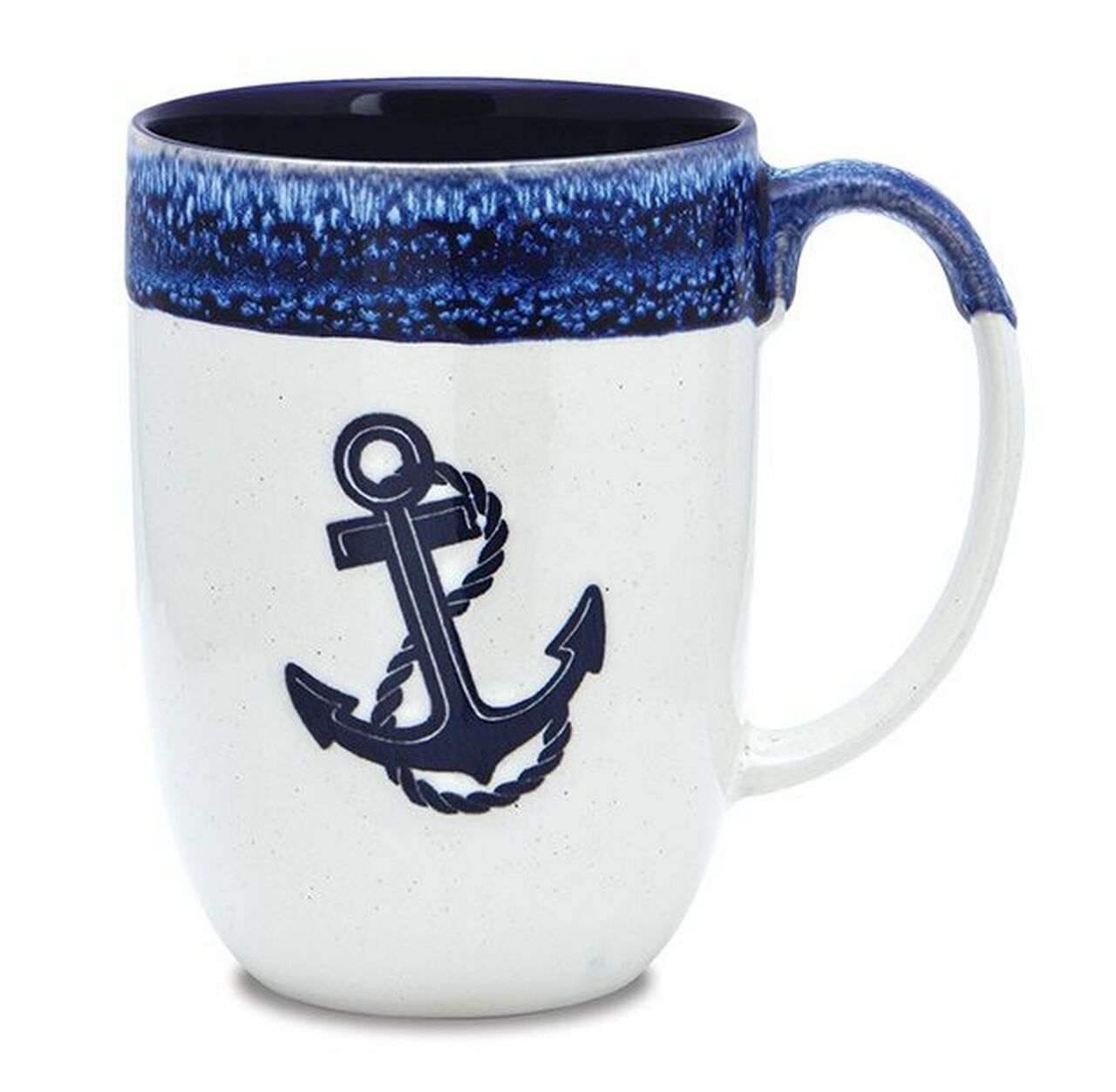 Coffee mug with blue anchor design and glazed blue rim