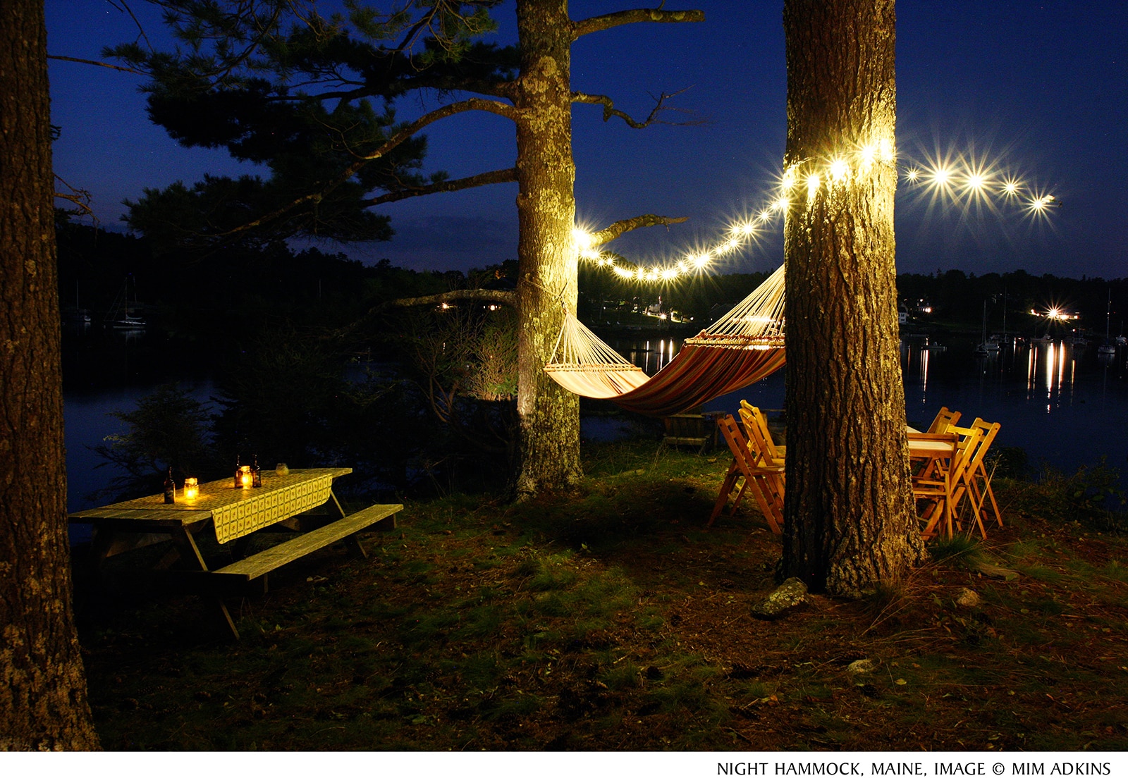 Title : Night Hammock Location: Boothbay Harbor, ME Judge's comments: "This photograph captures a scene after everyone has eaten. The artist is left alone to experience a quiet—yet animated—moment in the woods. We experience the stillness as if we are there. " 