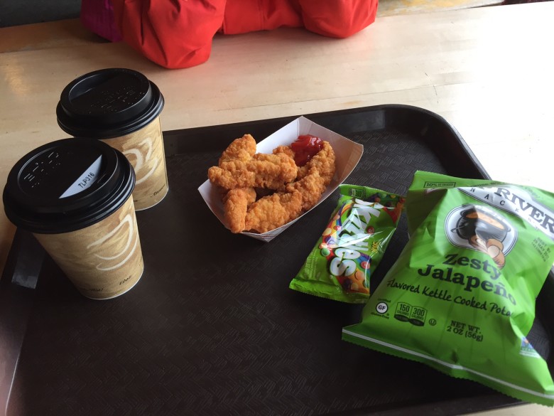 Parent fail? Perhaps. But this ski lodge lunch (hot chocolate, chicken fingers, and potato chips) was met with approval. 