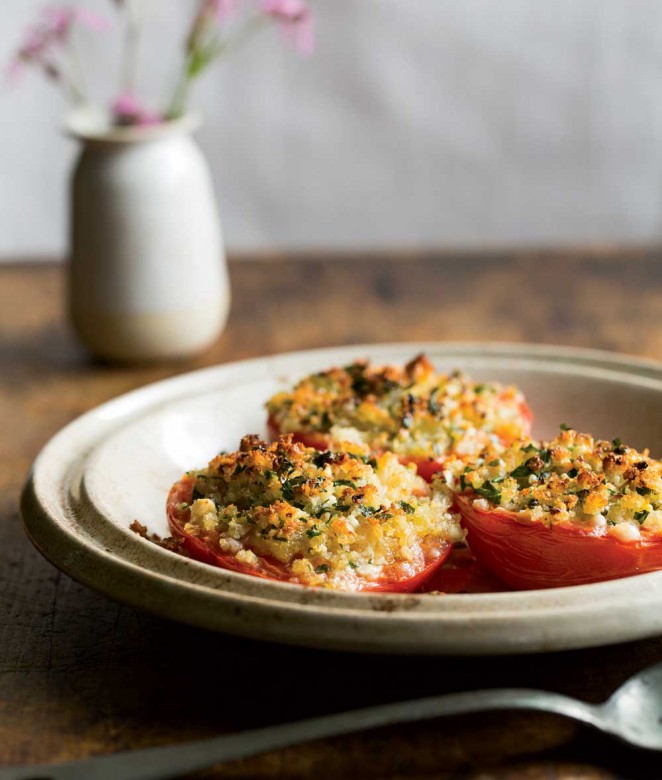 Broiled Tomatoes We often think of tomatoes as a summer pleasure, but some of the best local fruits can be found in early fall. For this dish, we started with a simple Fannie Farmer recipe of tomato halves, breaded, seasoned with salt and pepper, and cooked under a broiler. 