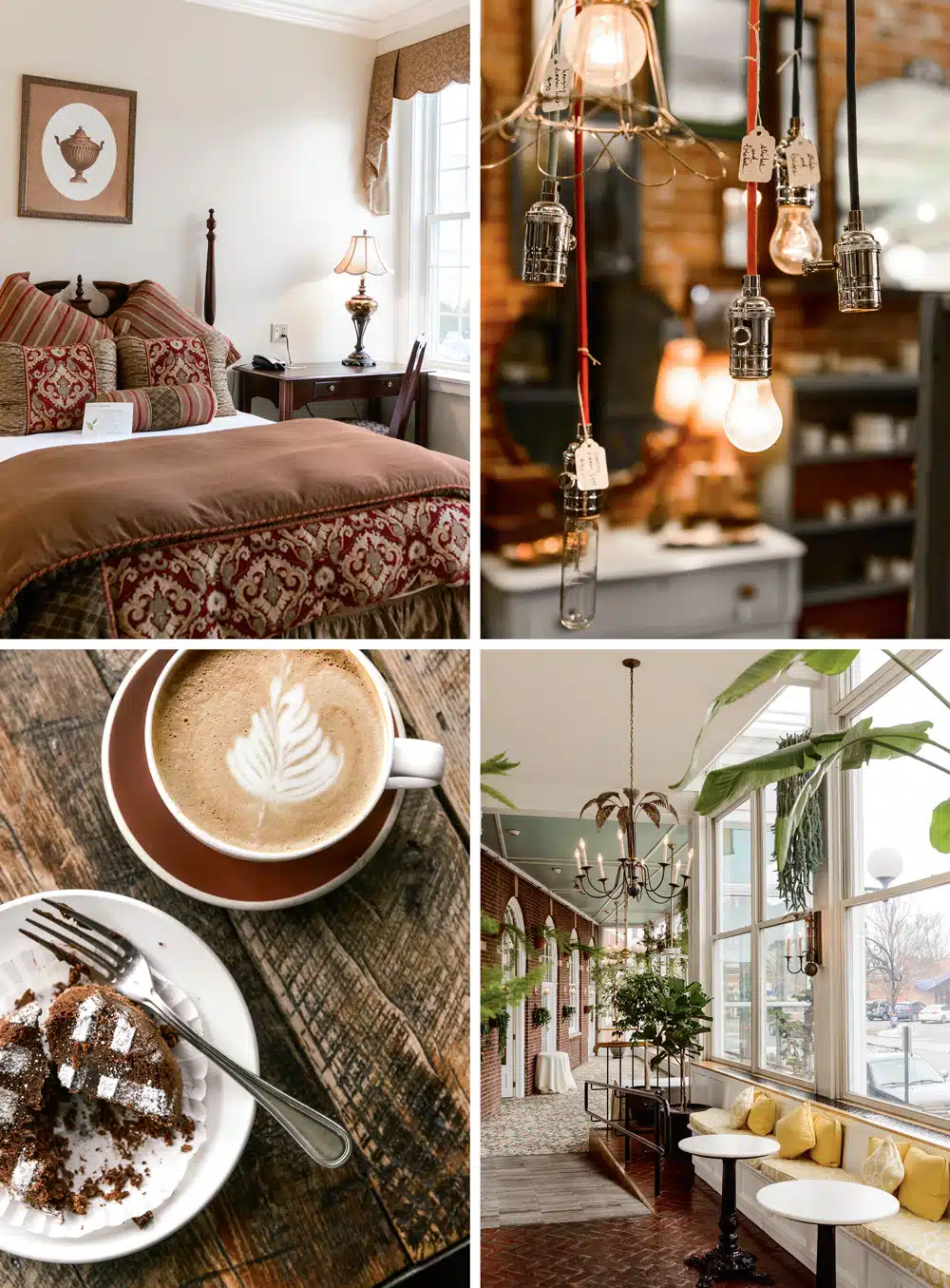 clockwise from top left: Comfy digs in the Hotel Northampton’s newer Gothic Garden building; one-of-a-kind lighting fixtures at custom furniture shop Sticks & Bricks; the atrium at the Hotel Northampton, whose guests have included David Bowie and the Dalai Lama; an artful latte alongside Kahlúa fallen chocolate soufflé at the Roost.