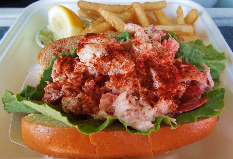 Chatham Pier Fish Market’s lobster roll with its characteristic dusting of paprika on the top. 