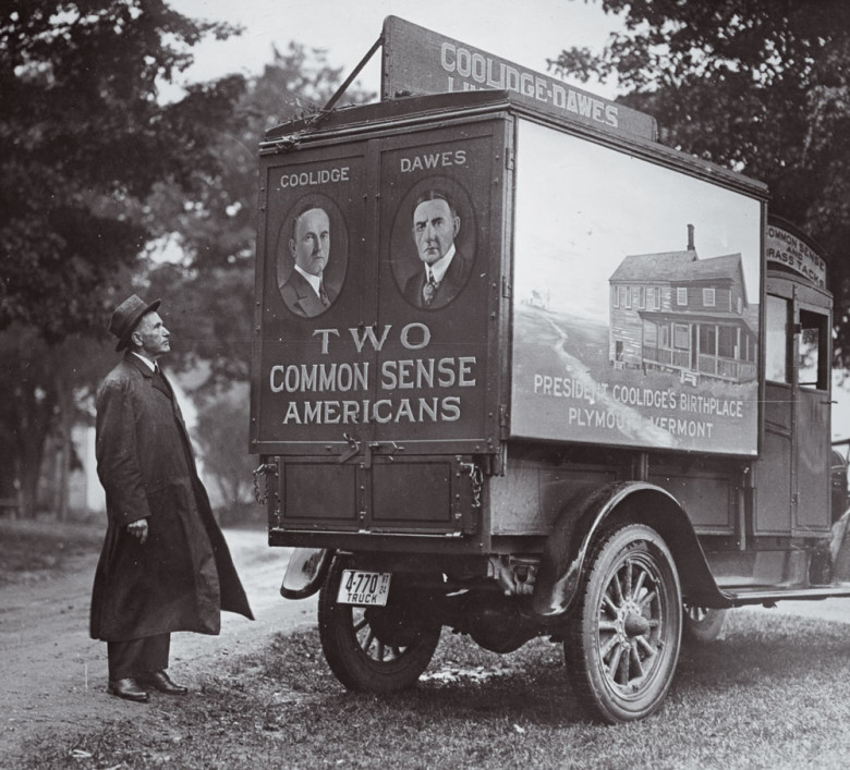 Calvin Coolidge (1872-1933) inspects a campaign truck painted with images of Coolidge, his running mate, Charles G. Dawes (1865-1951), and Coolidge’s birthplace in Plymouth Notch, Vermont. Coolidge, who became president when Warren G. Harding died in 1923, won the November 1924 election to continue as America’s 30th president.