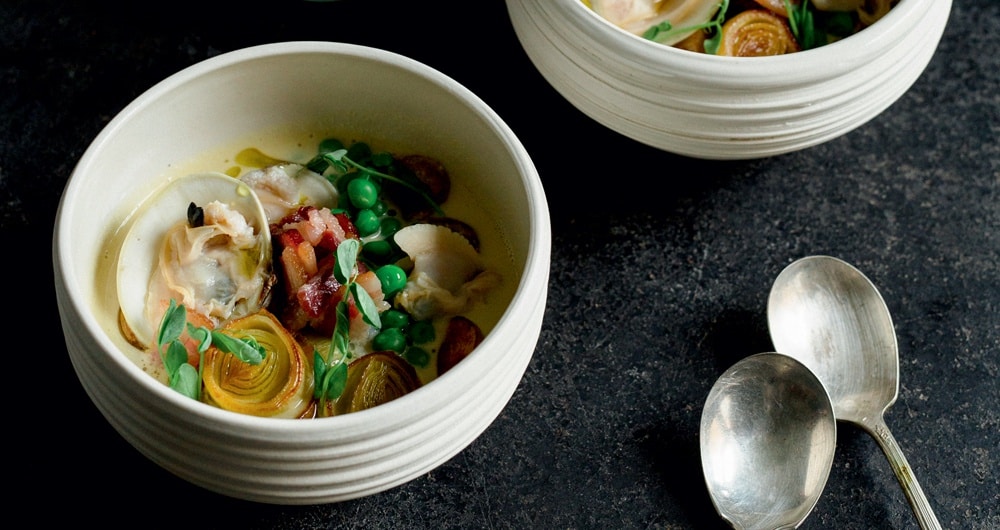 Cortney Burns' Spring Chowder with Peas, Potatoes, and Clams Recipe Yankee Magazine