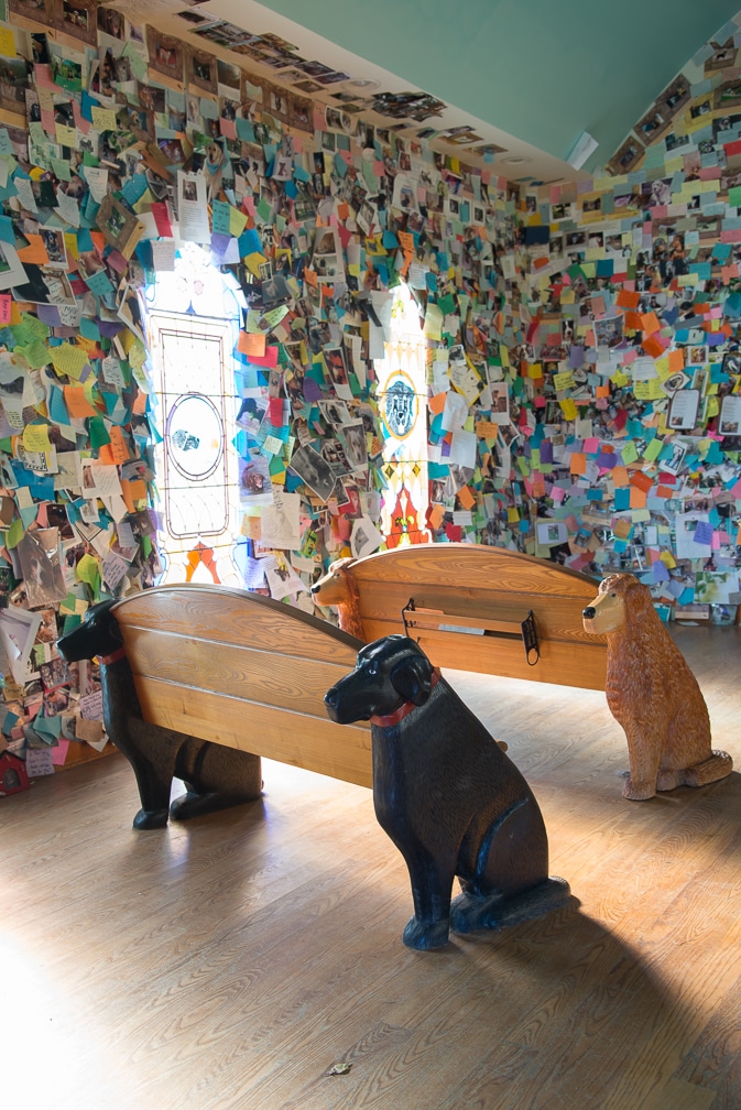 Hand carved pews by the late artist Stephen Huneck inside the Dog Chapel on Dog Mountain In St. Johnsbury, Vermont.