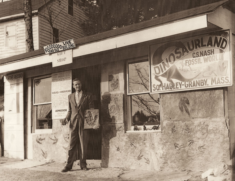 Nash’s father, Carlton, shown in the 1950s outside the business he founded as Dinosaurland. In its early days the shop boasted of selling to Dale Carnegie and the family of General George S. Patton.