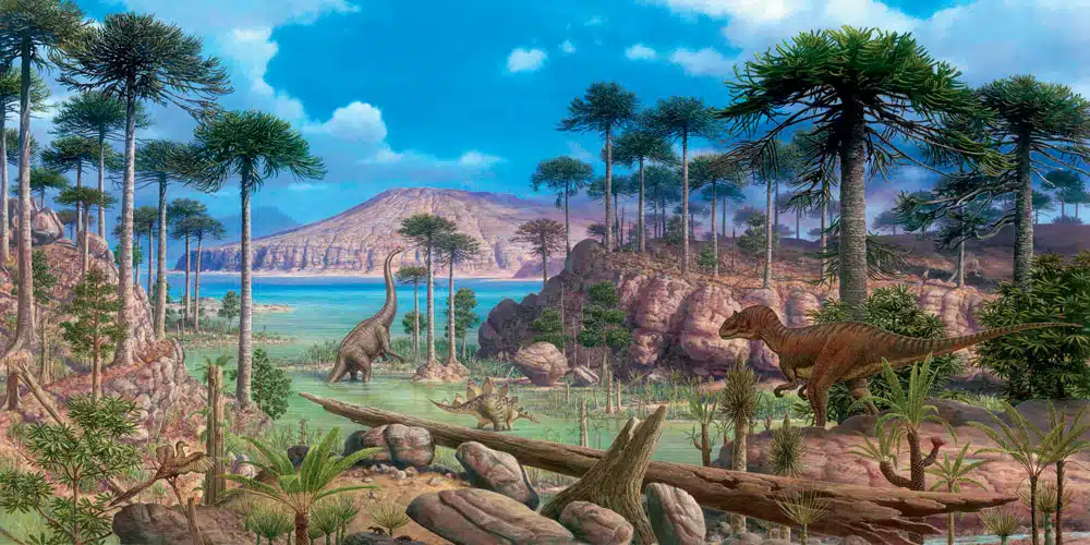 Part of a recently installed mural of prehistoric life at the Botanic Garden of Smith College, this scene depicts plants and animals from 250 million to 130 million years ago—roughly the time that the tracks Nash sells were being laid down.