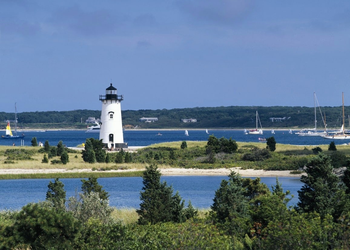 Edgartown Harbor Light as seen from nearby the Harbor View Hotel.Edgartown / Best Beach Towns in Massachusetts Carol M. Highsmith/Wikimedia Commons