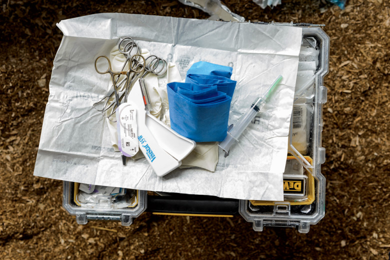Supplies for an operation to correct a cow’s displaced abomasum ( its fourth, or “true,” stomach.
