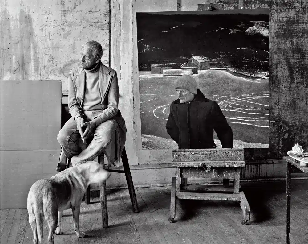 A detail of Peter Ralston’s 1981 portrait Battleground shows Andrew Wyeth in his Chadds Ford studio with his just-finished painting of the same name.