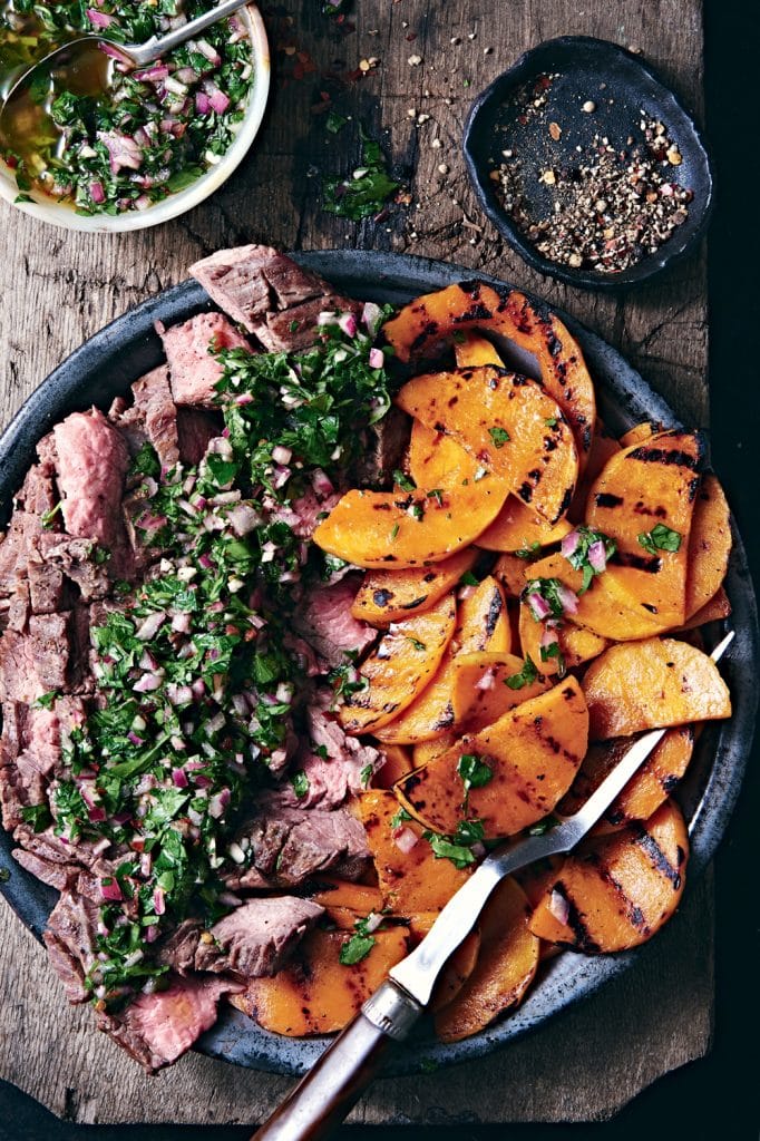 Grilled Flank Steak & Butternut Squash with ChimichurriStyle Sauce