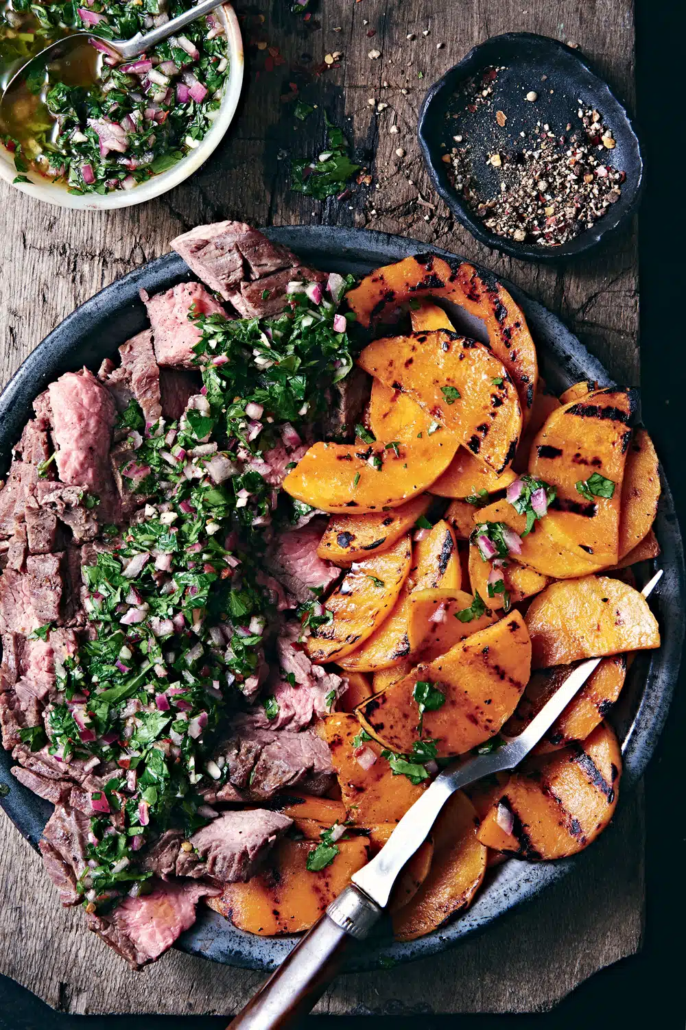 Grilled Flank Steak & Butternut Squash with Chimichurri-Style Sauce