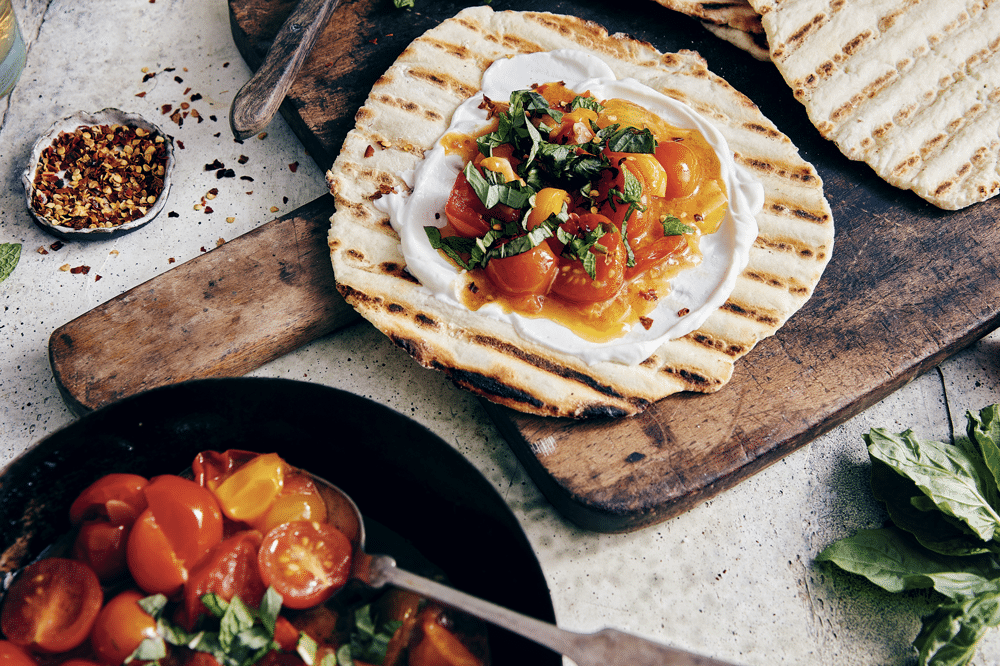 Easy Grilled Tomato Flatbreads with Herbs & Greek Yogurt