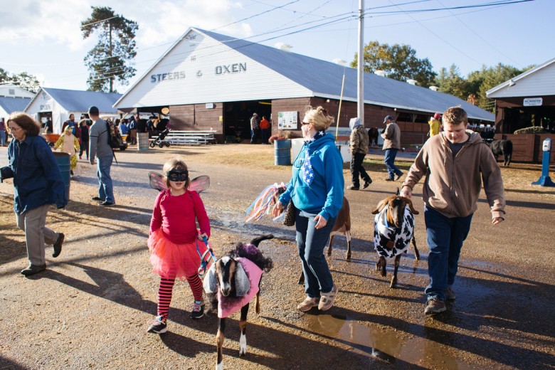 Paige Rhoda, left, 6, of Brownfield, Maine, and Christopher Sargent, 14, of Conway, New Hampshire, accompanied by Vicky Drew, center, of Denmark, Maine, prepare to march with their goats in the Grand Parade at the Fryeburg Fair in Fryeburg, Maine, on Saturday, Oct. 10, 2015.