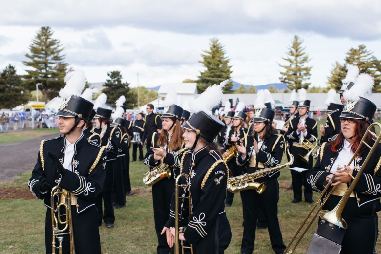 The Kennett High School marching band out of North Conway, New Hampshire, prepares to march in the Grand Parade at the Fryeburg Fair in Fryeburg, Maine, on Saturday, Oct. 10, 2015.