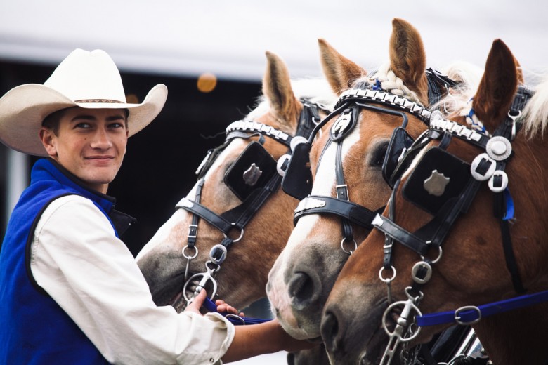 Brayden Bean, 16, of Woodstock, Maine, tends to the ponies as his father and grandfather accept the award of "Grand Master Teamster" in the Grand Parade at the Fryeburg Fair in Fryeburg, Maine, on Saturday, Oct. 10, 2015.