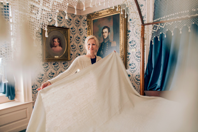 There’s no doubt that naval hero John Paul Jones stayed at his namesake house in Portsmouth. Less certain is whether his commander in chief ever slept under this coverlet, displayed by curatorial associate Lainey McCartney. 