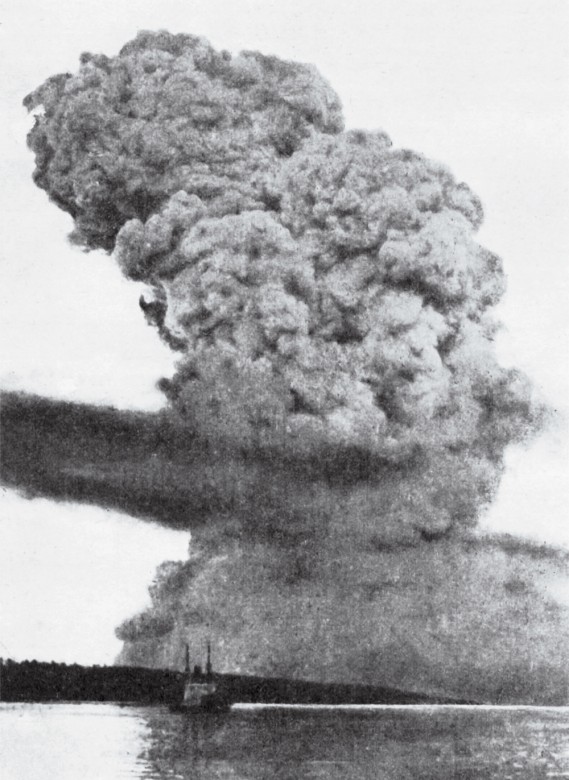 A blast cloud rising almost two miles above Halifax marks the site of the explosion.