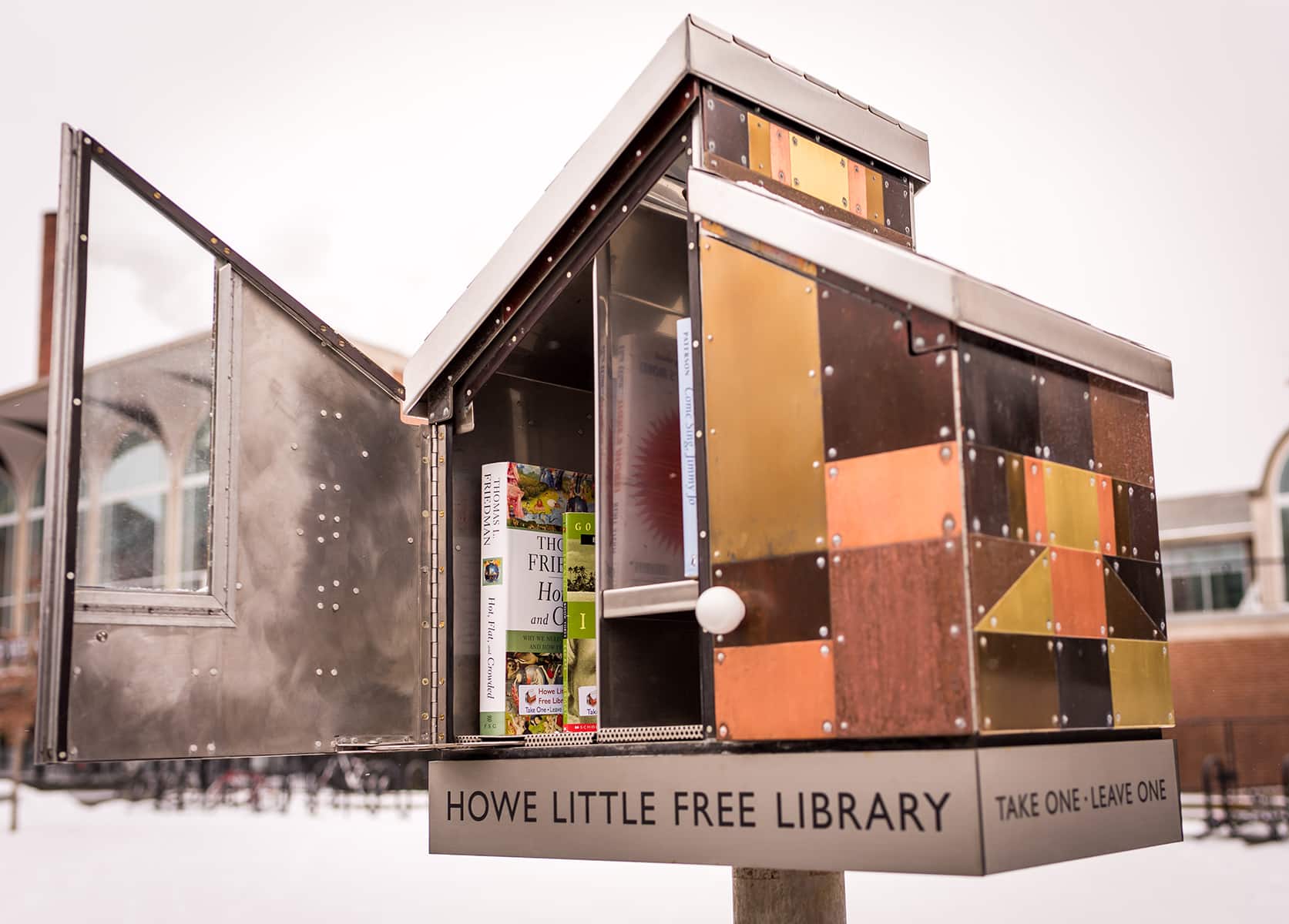 Howe Little Free Library encourages readers to leave or take a book. 