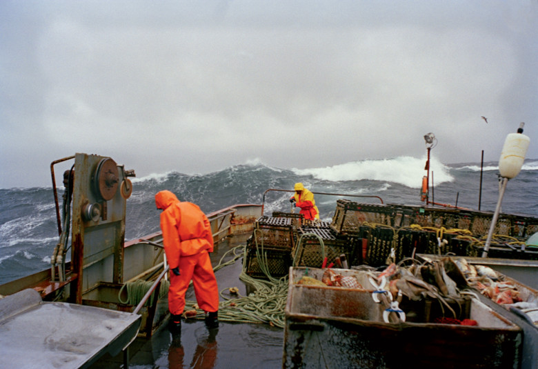 Woods snapped this stormy scene of lobstermen out of Portsmouth, New Hampshire, more than 15 years ago. (Note the wooden lobster traps.)