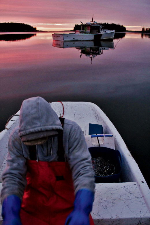 Dawn was just breaking as Noah Ames rowed supplies and halibut fishing gear out to the No Worries, waiting at a mooring in Tenants Harbor, Maine. 